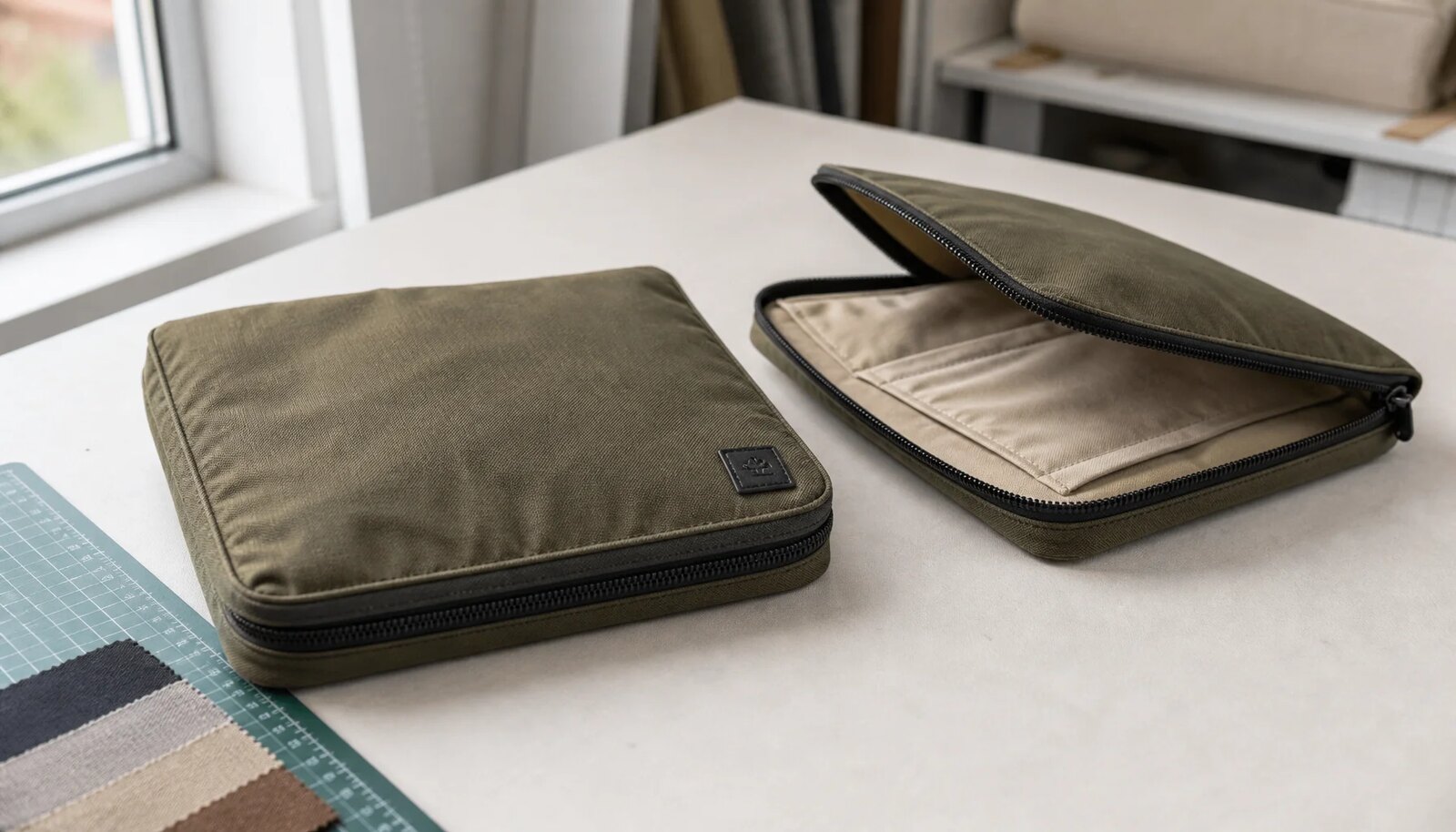 Custom canvas zipper portfolio with a CTM sample logo in a factory sample room.