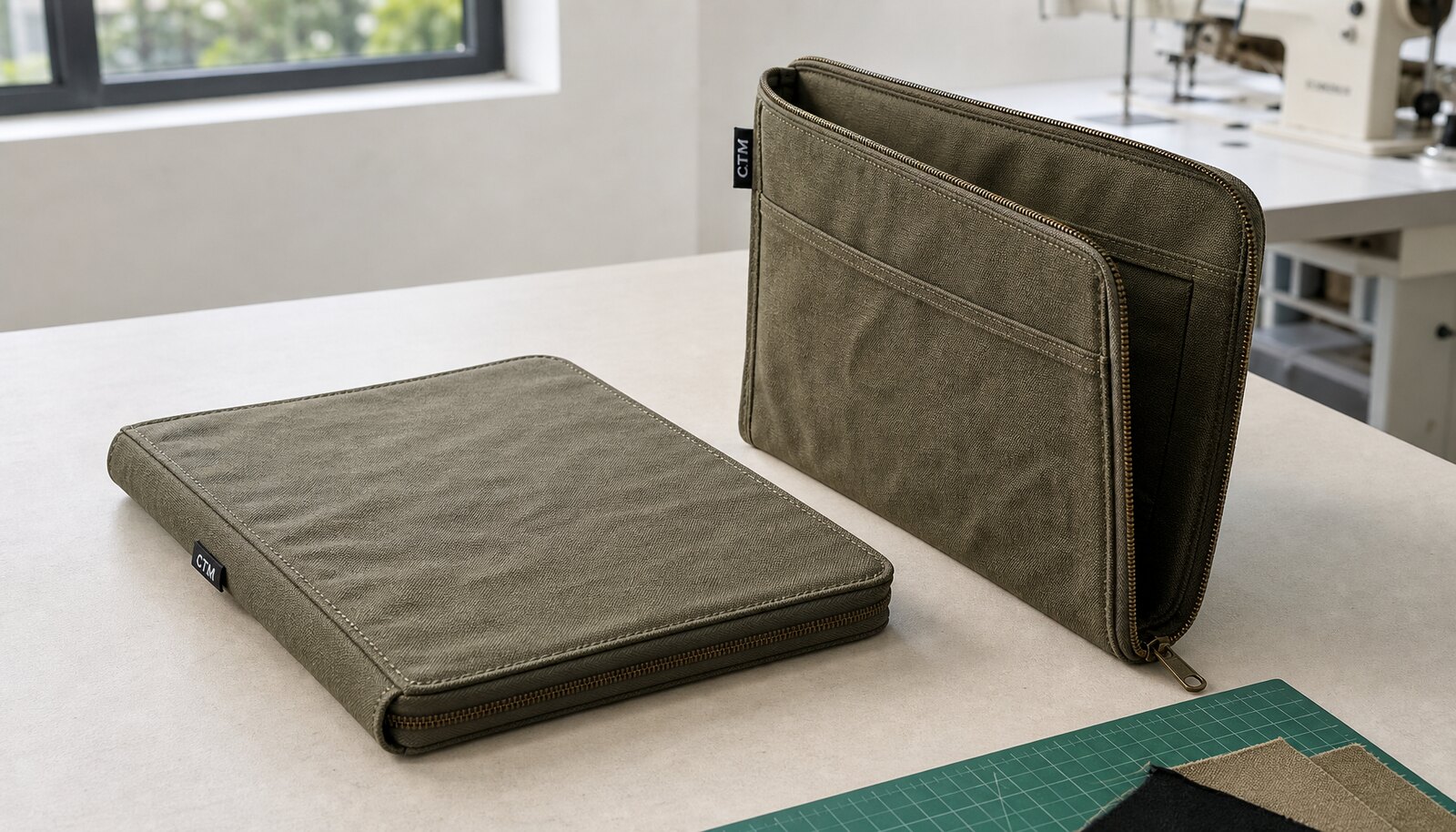 A custom canvas zipper portfolio with a sewn CTM side label photographed in a clean factory sample room.