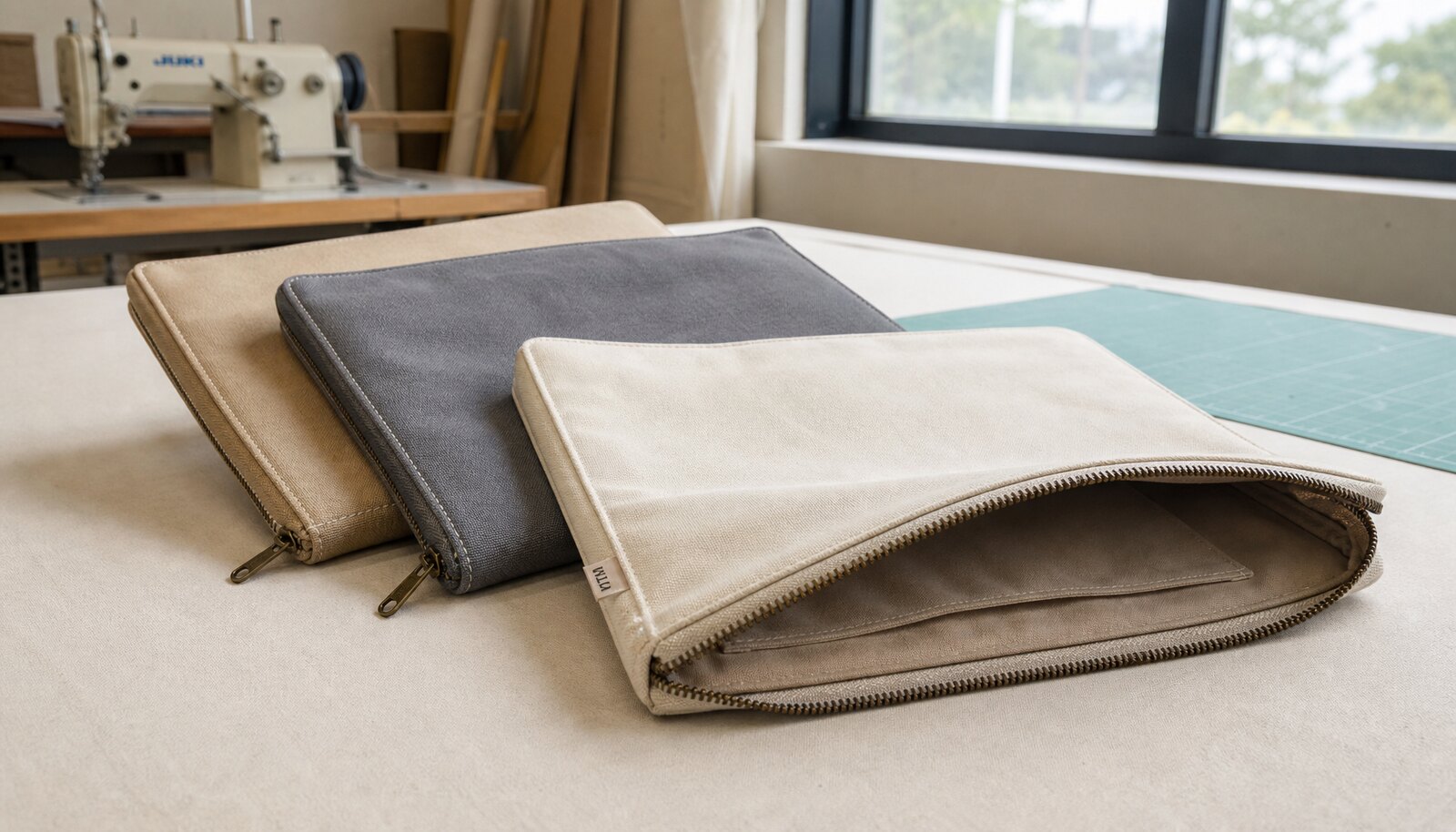 Photorealistic canvas zipper portfolios with a CTM/CottonToMaker side label in a factory sample room