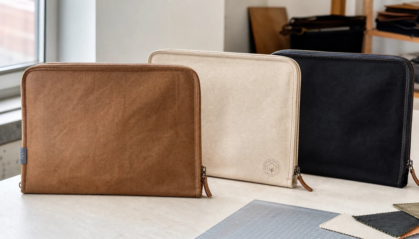 Photorealistic canvas zipper portfolios with a CTM sample logo in a factory sample room
