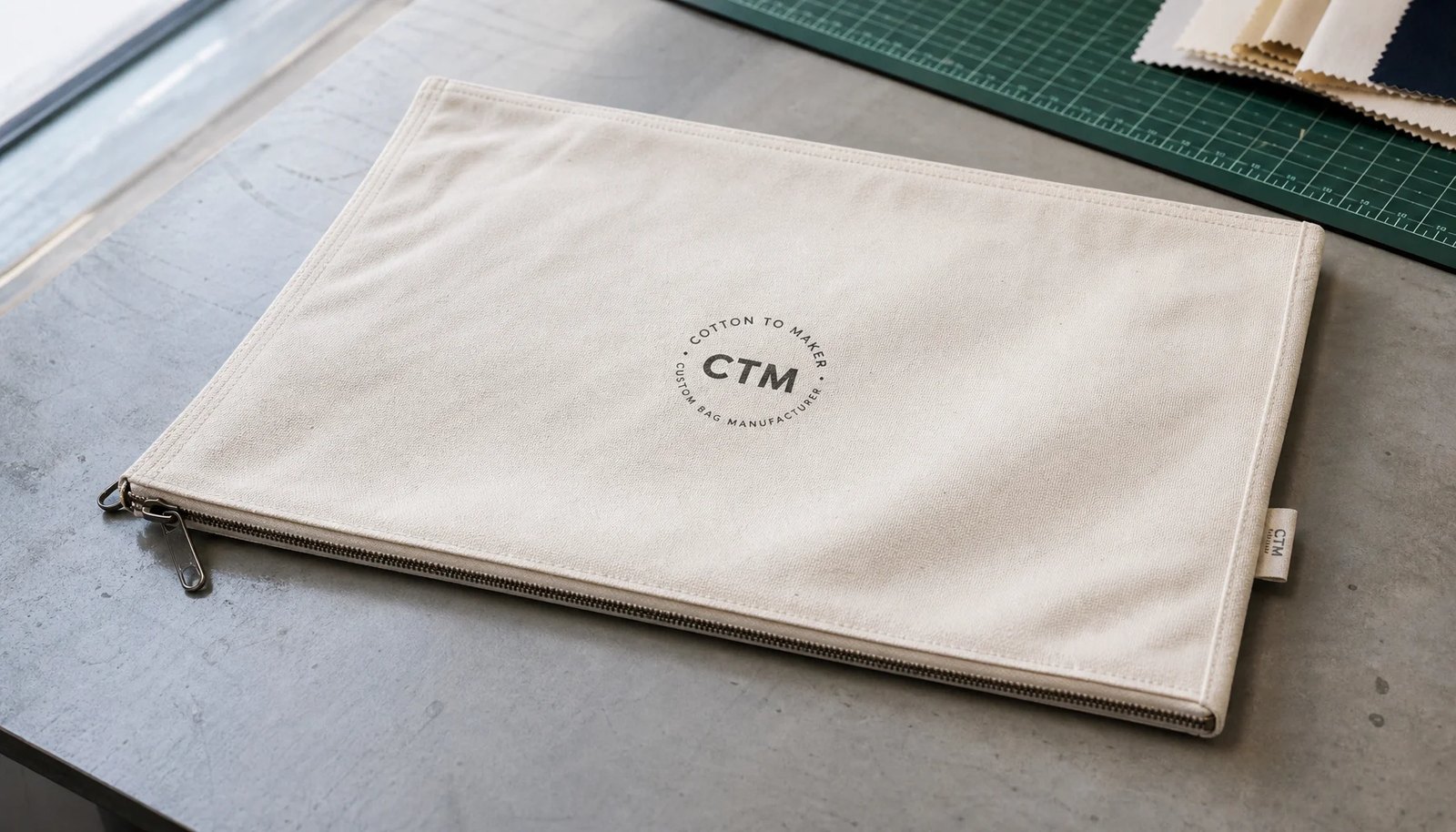 Natural canvas zipper portfolio with a small CTM/CottonToMaker side label in a factory sample room.