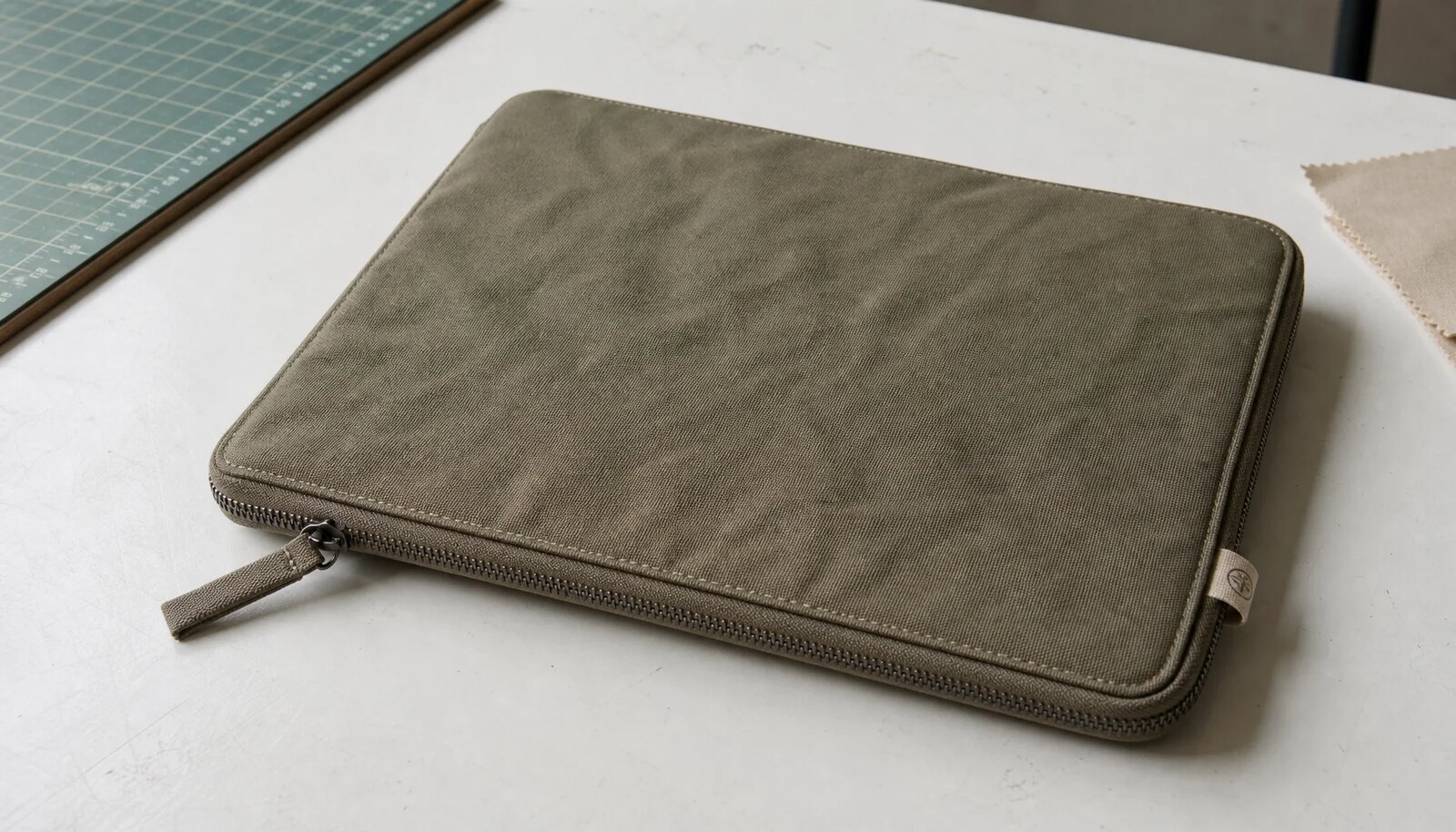 Custom canvas zipper portfolio with CTM/CottonToMaker side label in a factory sample room