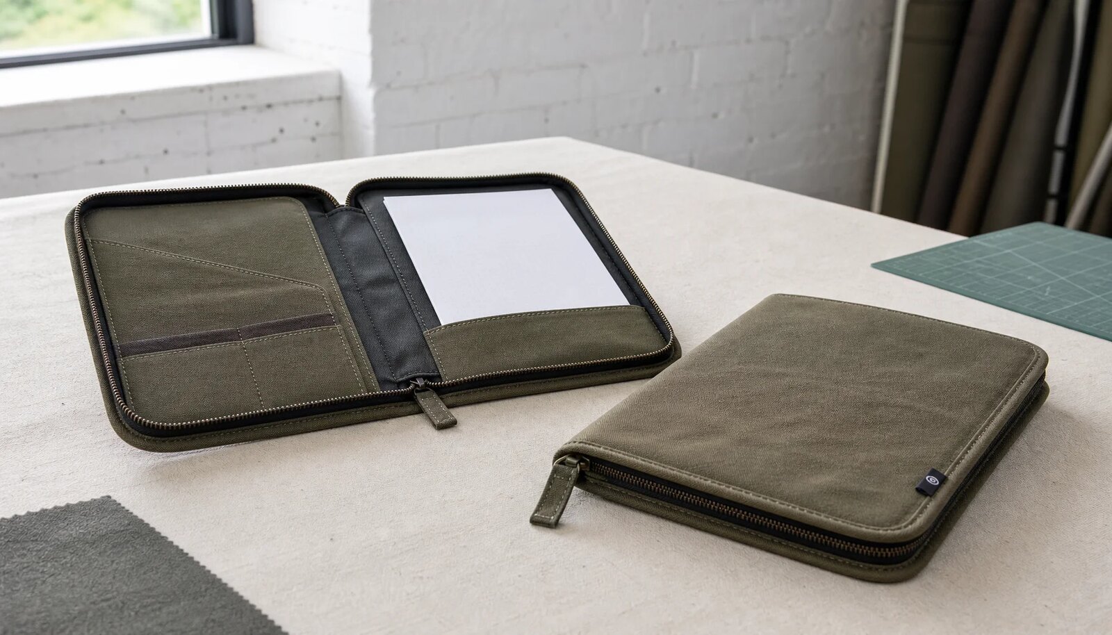 Photorealistic canvas zipper portfolio sample with a sewn CTM label in a factory sample room