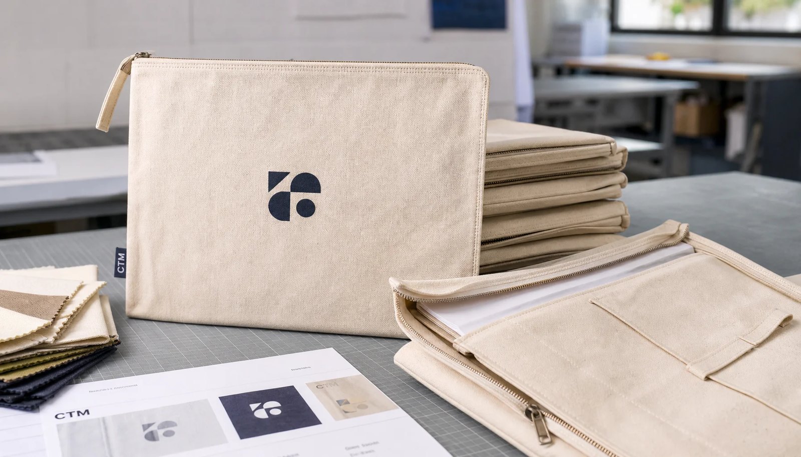 Custom canvas zipper portfolios with CTM printed logo and CottonToMaker woven label on a studio sample table
