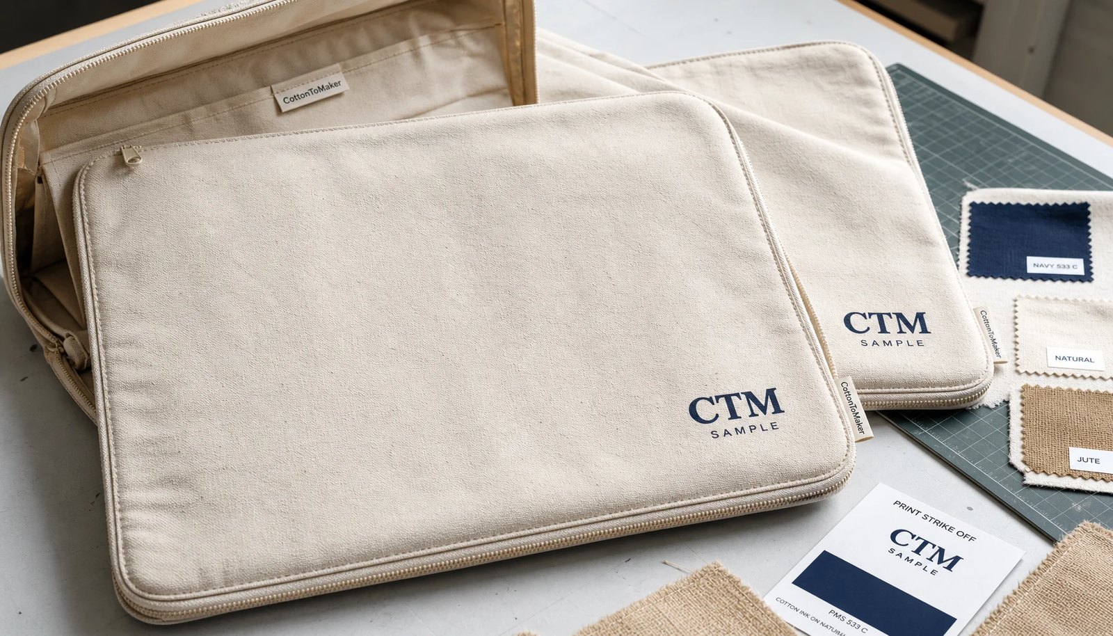 Custom canvas zipper portfolios with CTM logo print and CottonToMaker woven side label on a sample room table