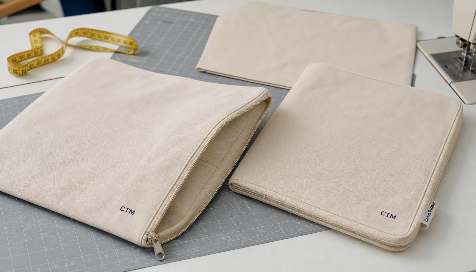 Custom canvas zipper portfolios with CTM printed logo and CottonToMaker woven label on a clean studio table