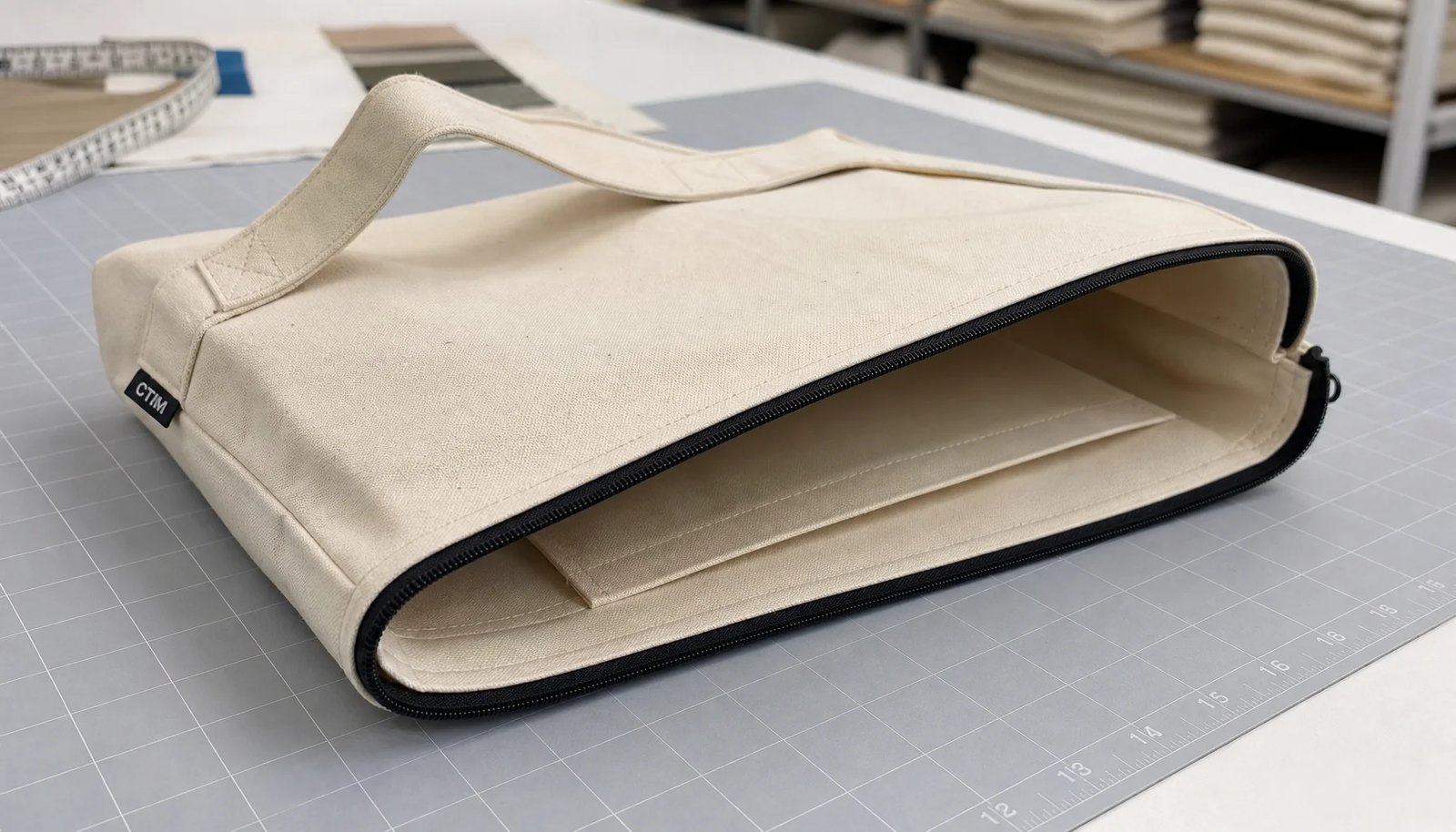 Custom canvas zipper portfolio with CTM woven side label in a sample room