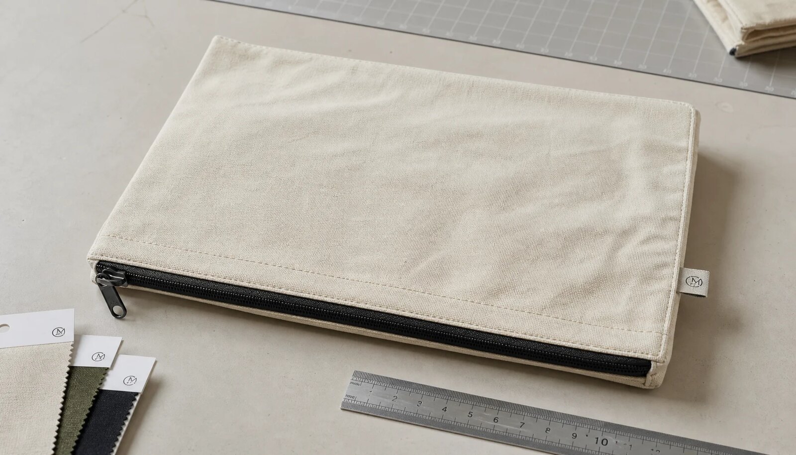 Custom canvas zipper portfolio sample with CTM/CottonToMaker woven label in a factory sample room