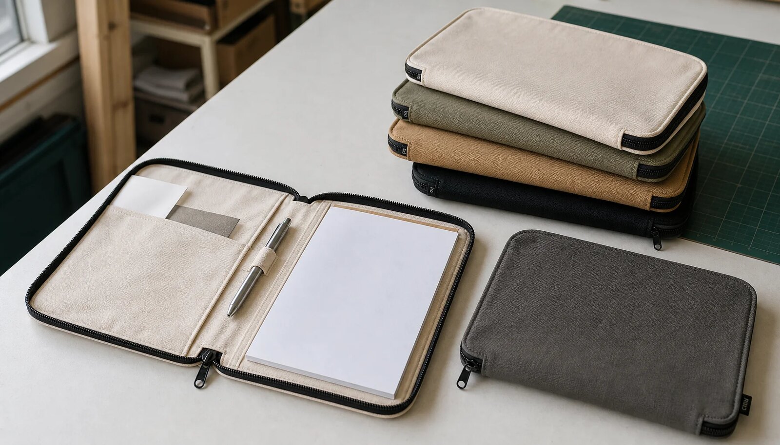 Custom canvas zipper portfolios with CTM woven side label, inner pocket, and zipper detail
