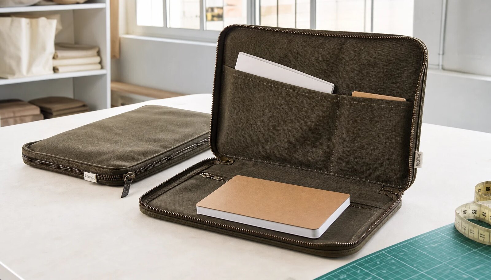 Photorealistic canvas zipper portfolio with a CTM side label shown in a clean factory sample room.