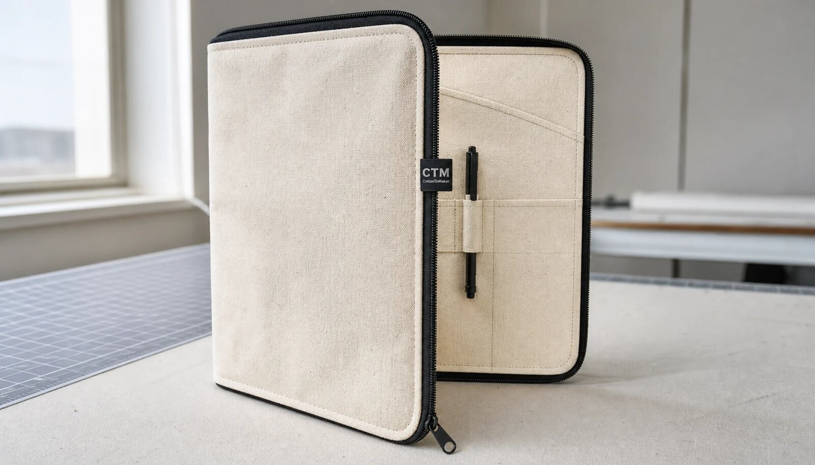 Photorealistic custom canvas zipper portfolio sample with CTM CottonToMaker woven side label in a factory sample room
