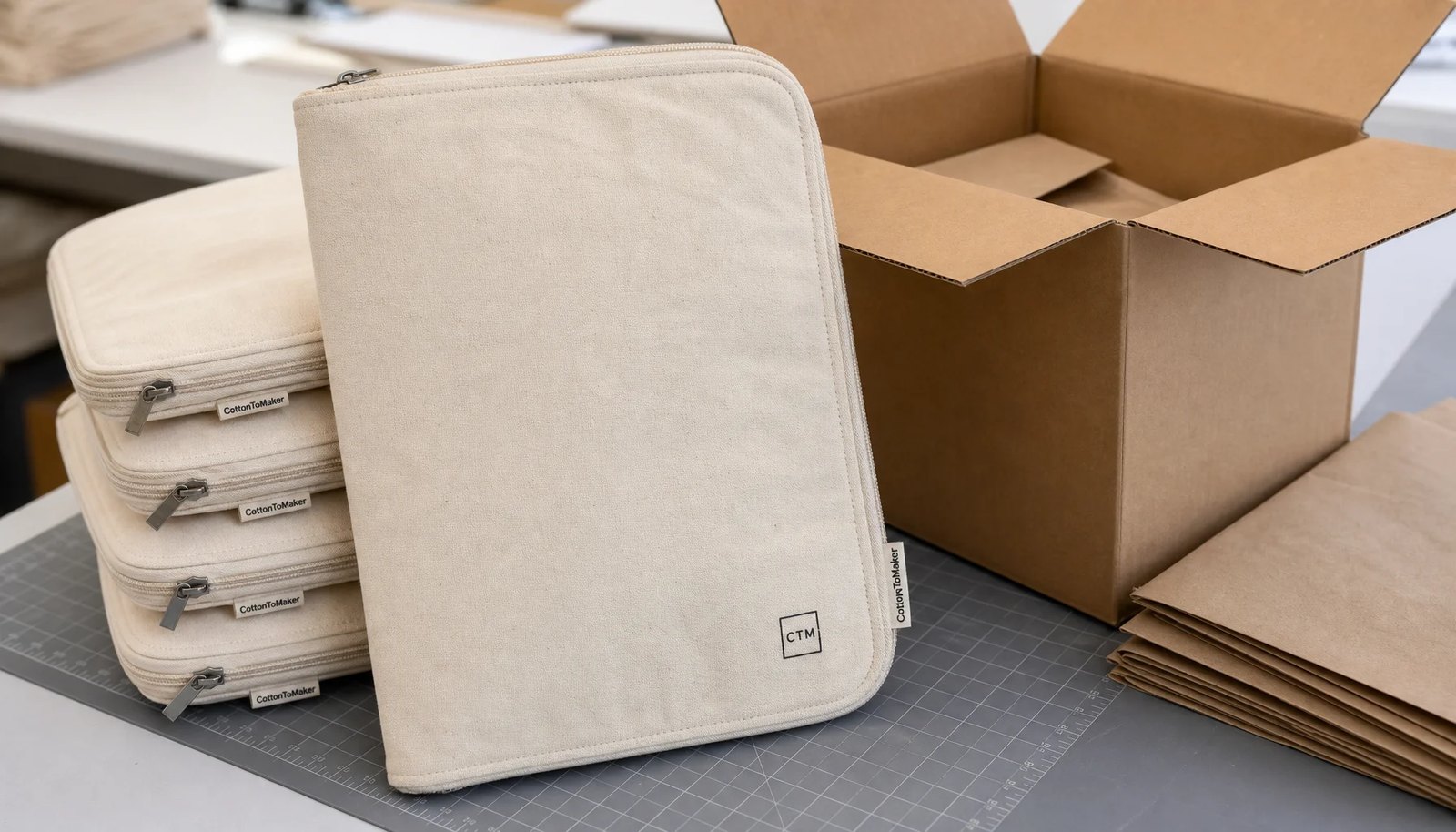 Custom canvas zipper portfolios with CTM logo stacked beside an export carton for university bookstore packing review