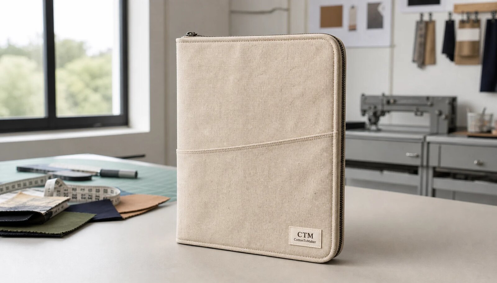 Custom canvas zipper portfolio with a simple CottonToMaker sample logo shown in a clean factory sample room.