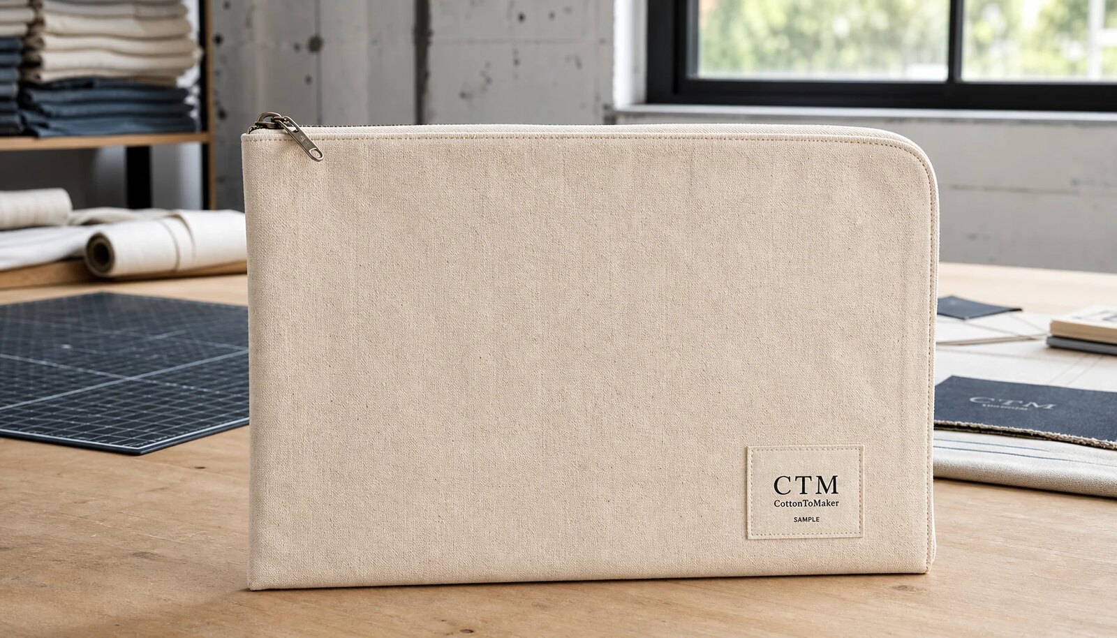 Photorealistic canvas zipper portfolio sample with a CTM CottonToMaker logo in a factory sample room