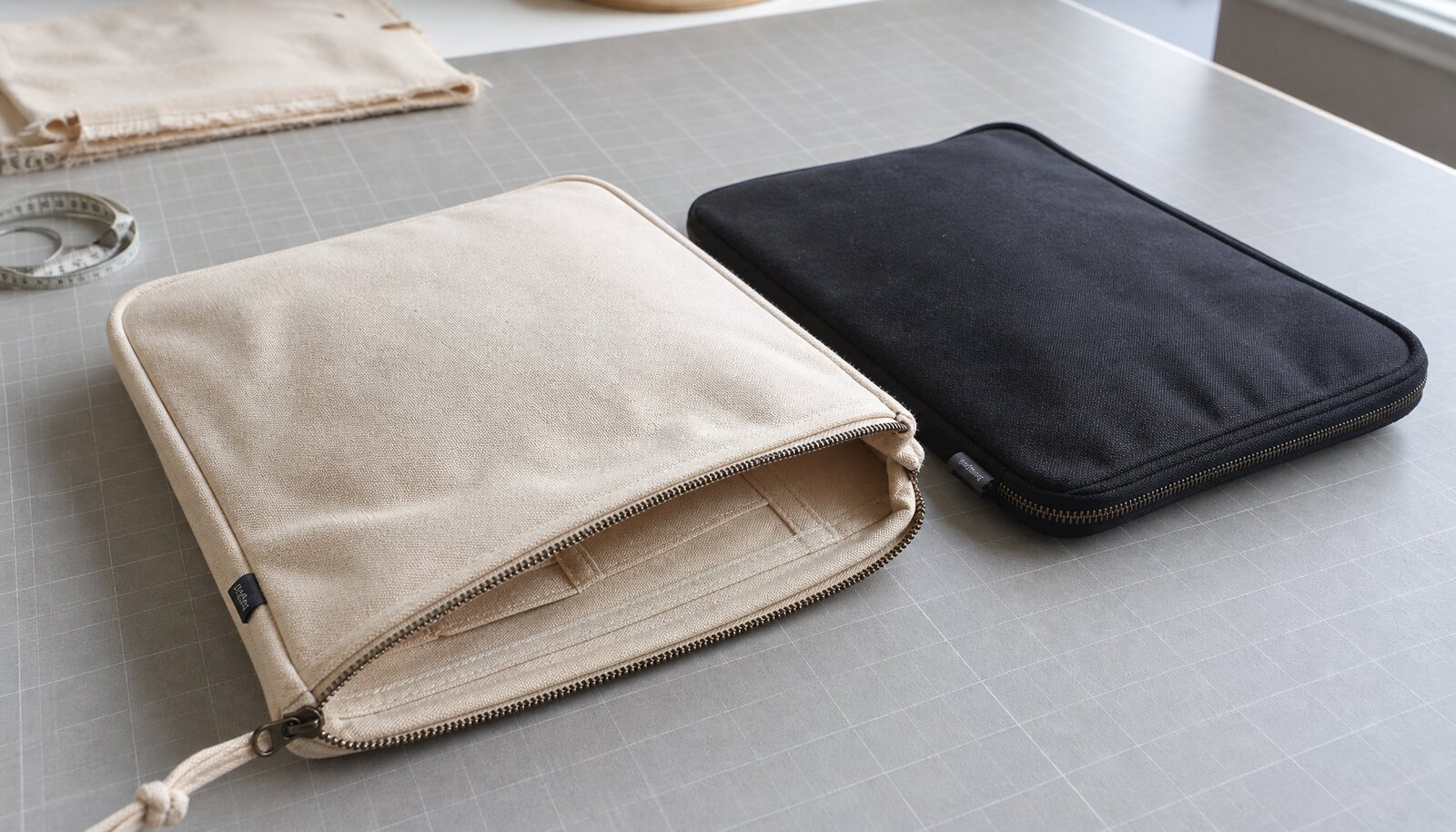 Photorealistic canvas zipper portfolio with a sewn CottonToMaker side label in a factory sample room