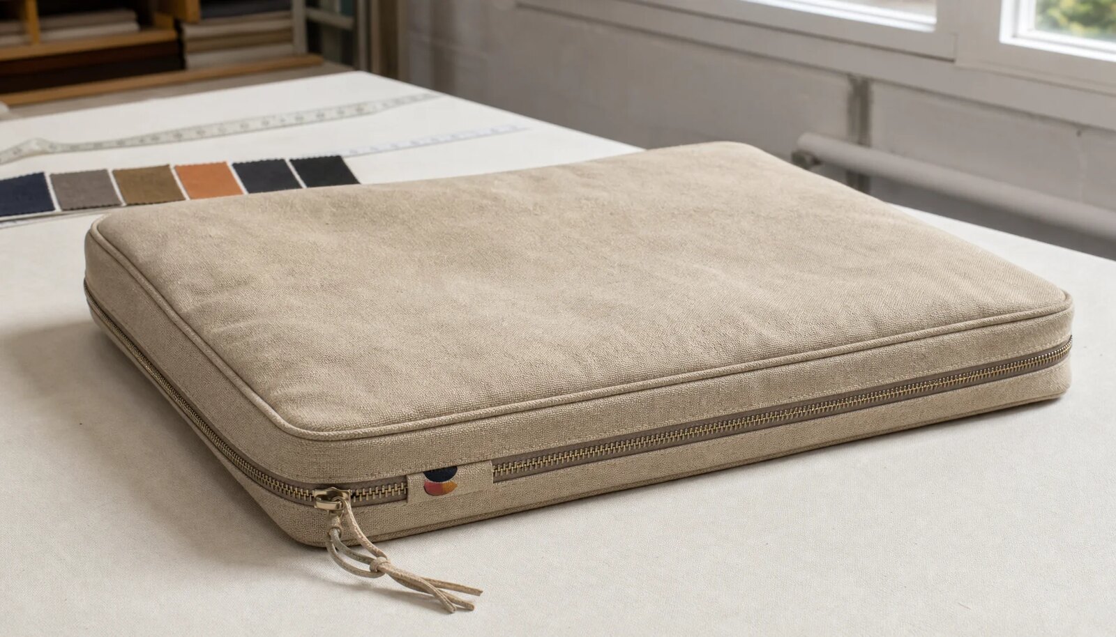 Custom canvas zipper portfolio with a simple CTM sample label in a factory sample room