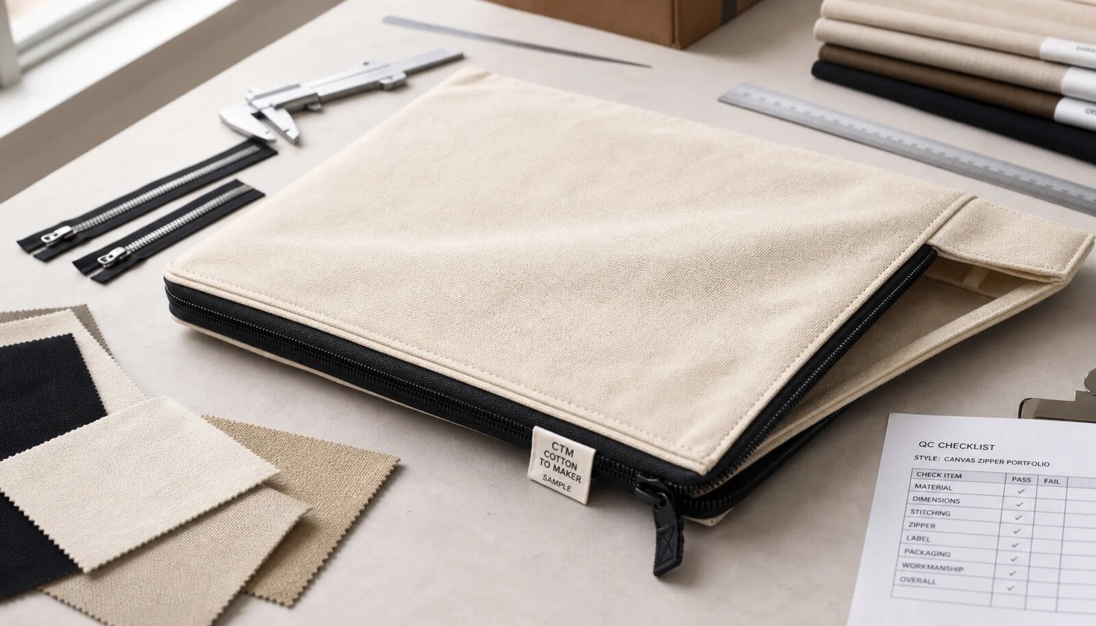 Custom canvas zipper portfolio with CTM woven side label, zipper trim samples, ruler, and QC checklist in a factory sample room