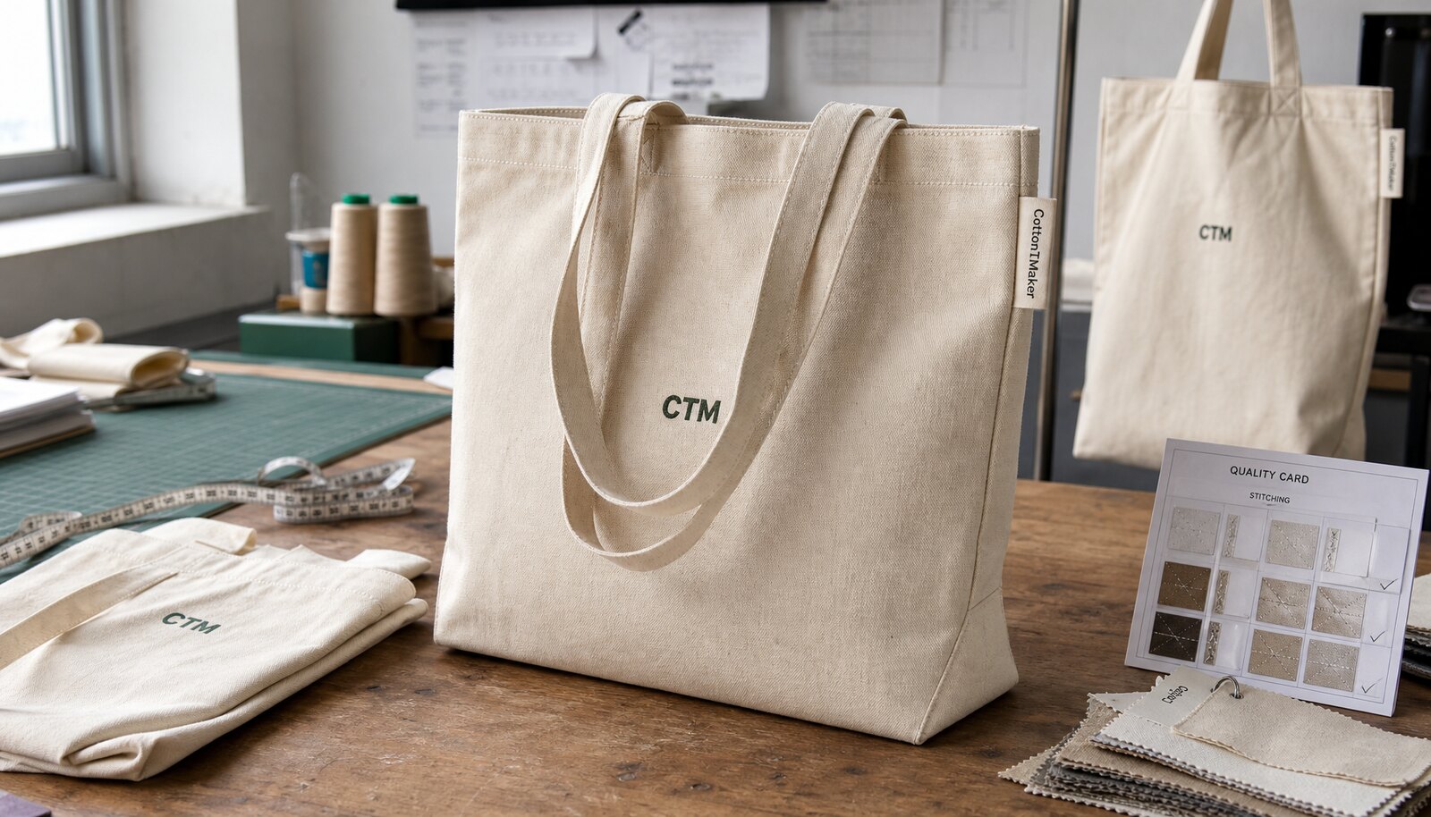 Organic cotton sample tote bag with CTM logo in a factory sample room, showing fabric texture, stitching, and handle construction.