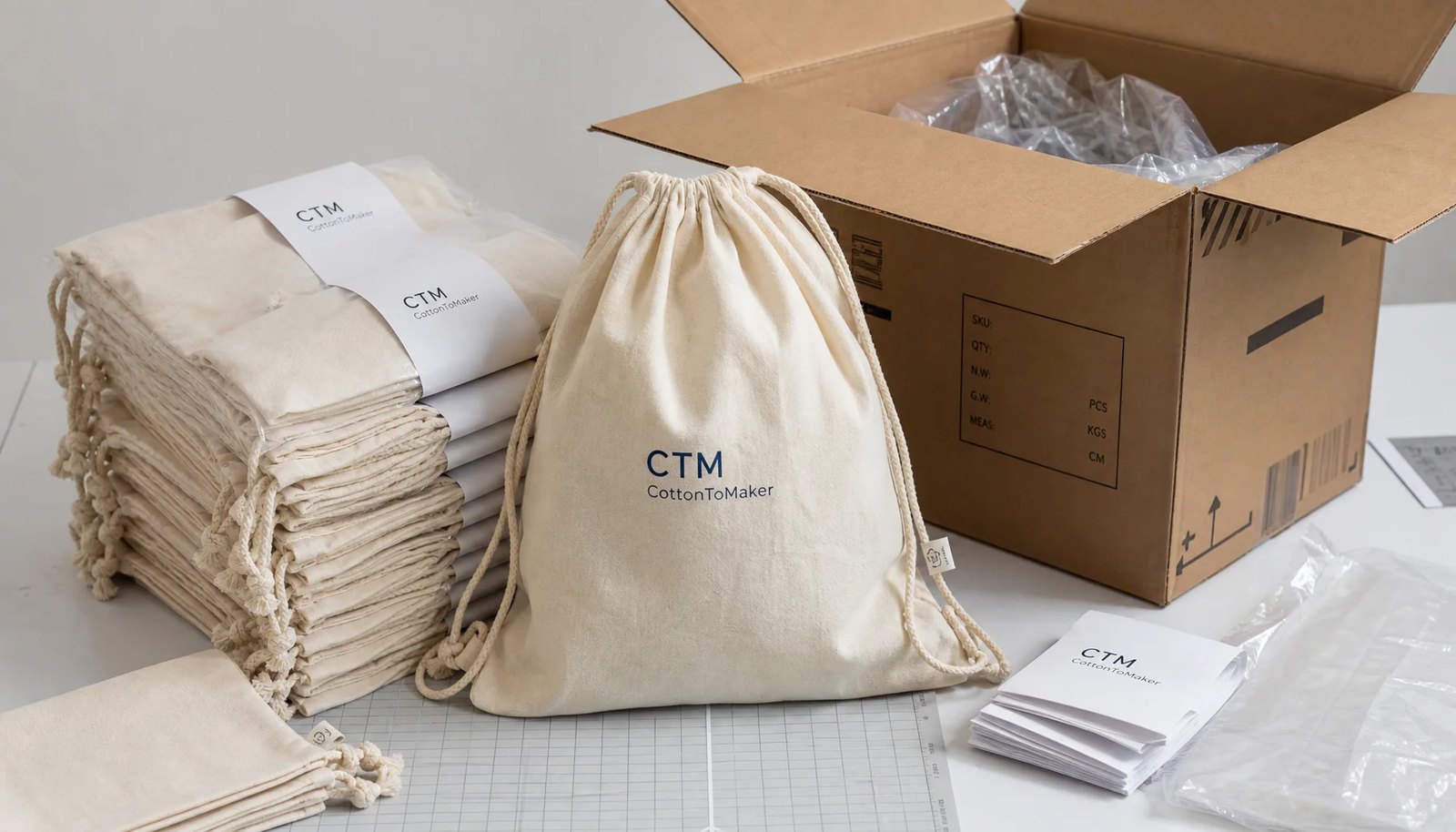 Custom cotton drawstring backpacks with sample logo packed beside export carton for bookstore receiving