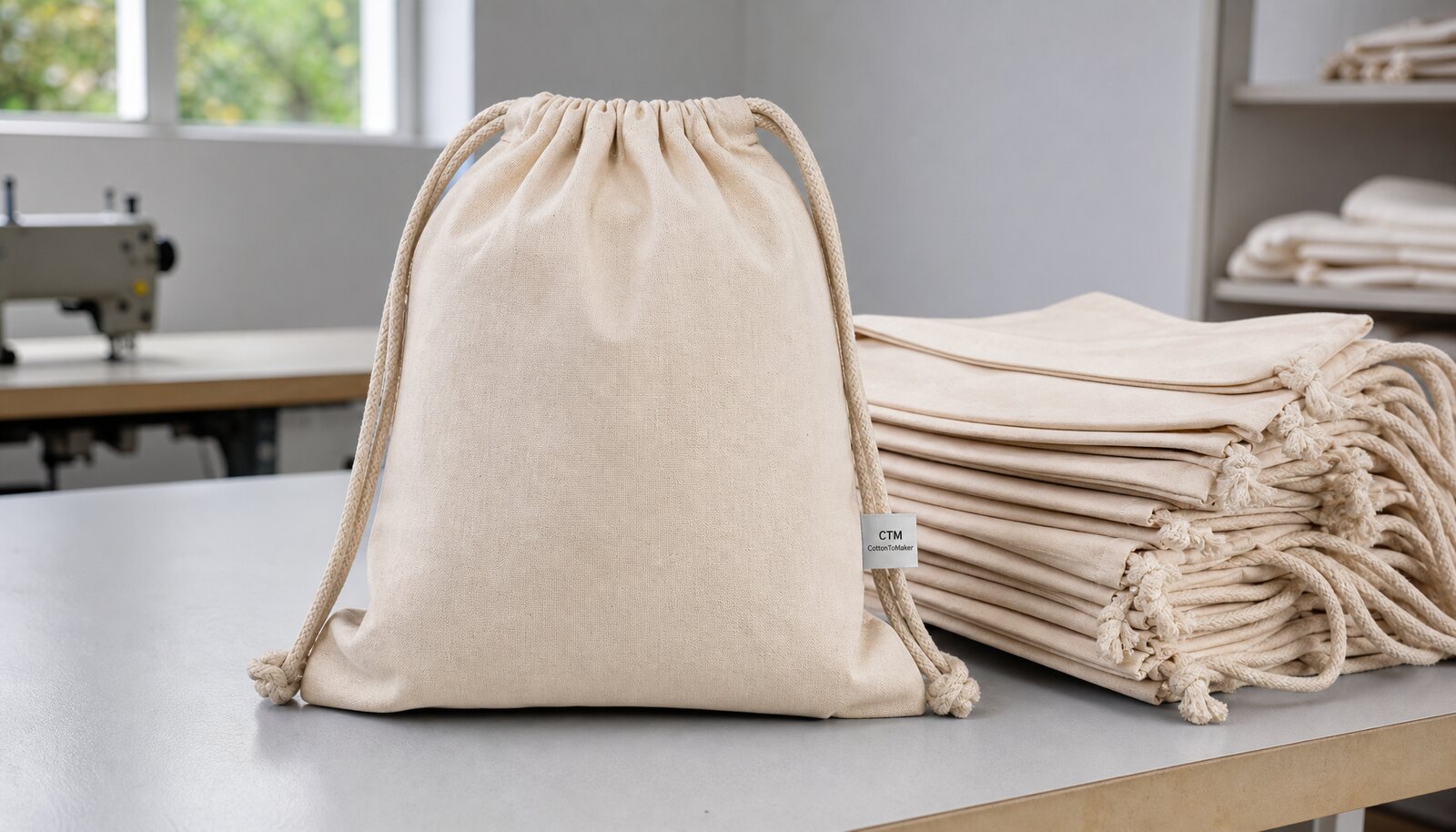 Cotton drawstring backpack sample with a CTM side label in a clean factory sample room