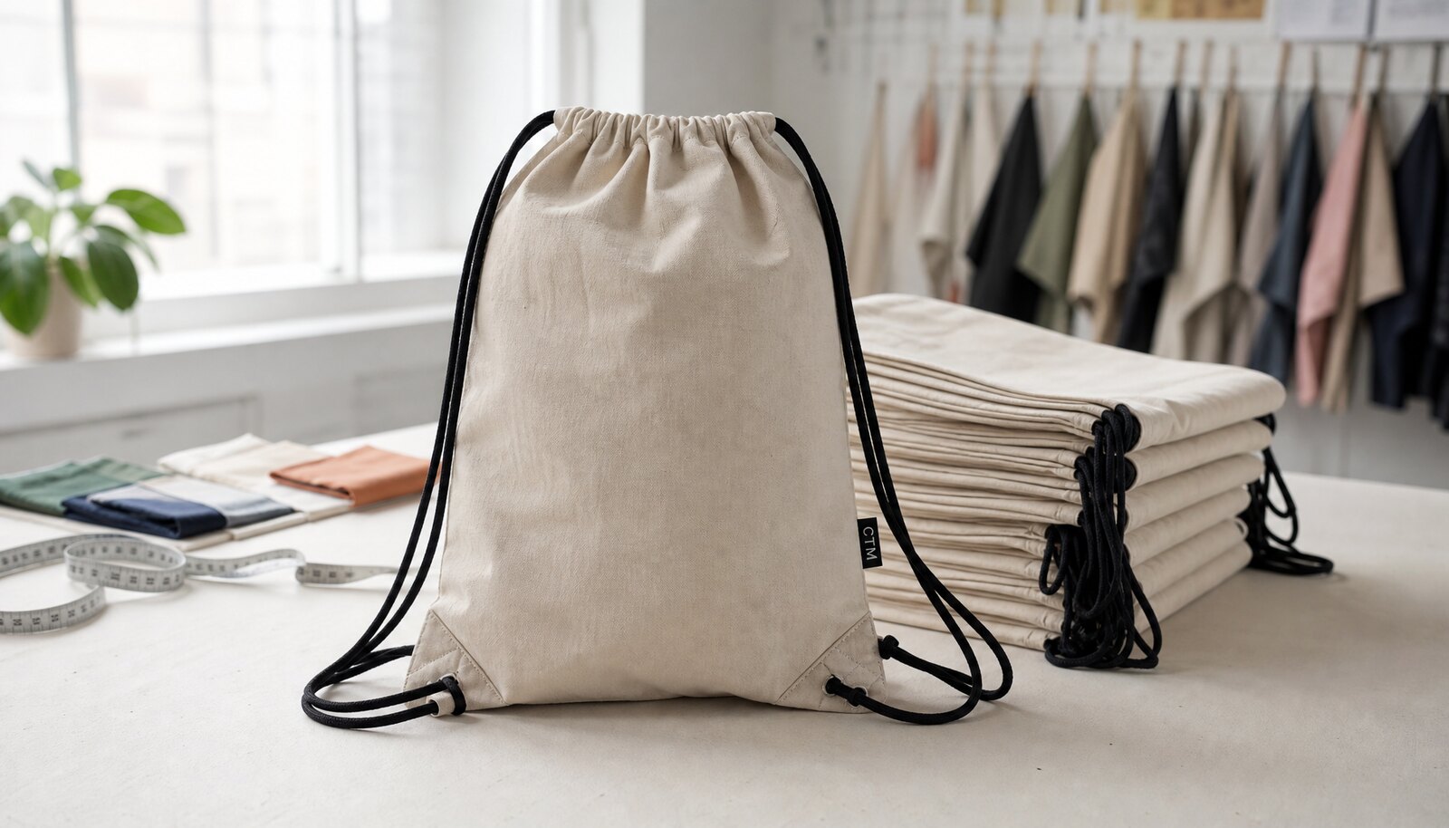 Natural cotton drawstring backpacks with a woven CTM sample label in a factory sample room