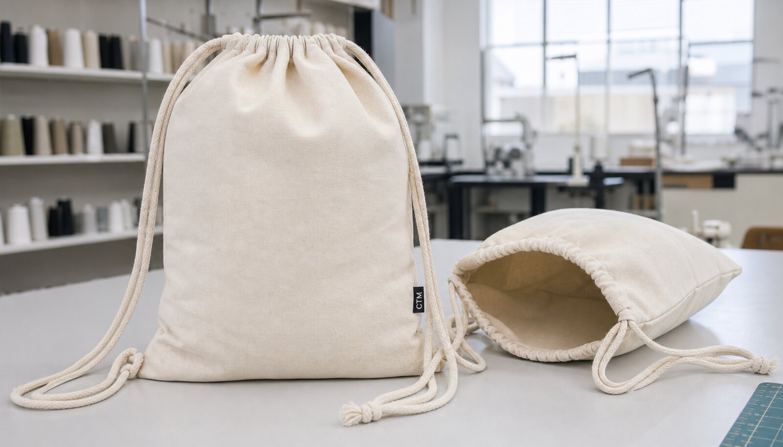 Cotton drawstring backpacks with a small CTM CottonToMaker woven side label in a factory sample room