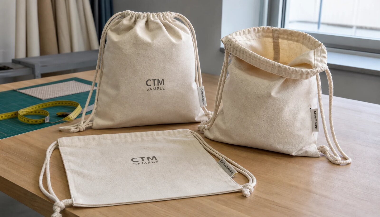 Custom cotton drawstring backpacks with CTM logo on a factory sample table