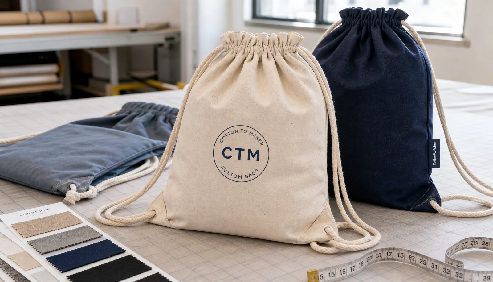 Custom cotton drawstring backpacks with CTM sample logo in a factory sample room