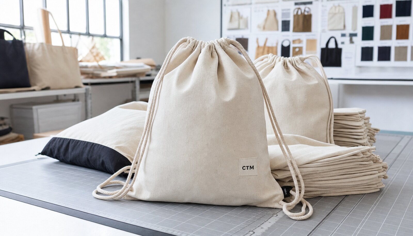 Natural cotton drawstring backpack with a small CTM sample logo in a factory sample room