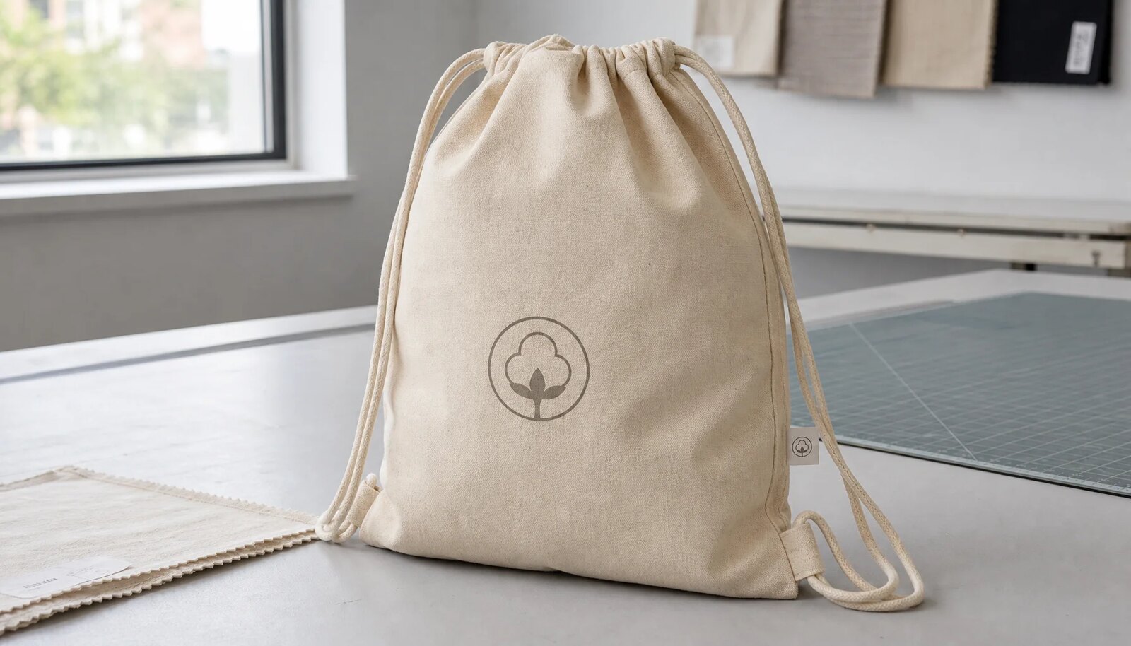 Custom cotton drawstring backpack sample with visible weave, drawcords, stitching, and a simple CTM/CottonToMaker logo in a factory sample room