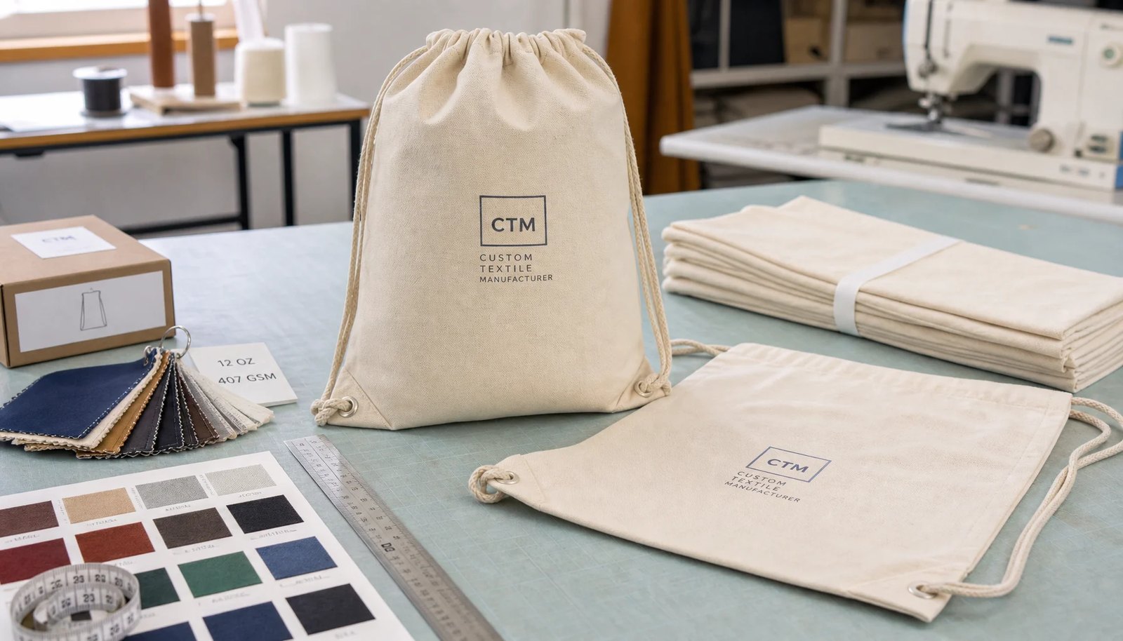 Custom cotton drawstring backpack sample with logo, cotton swatches, and packing details in a factory sample room