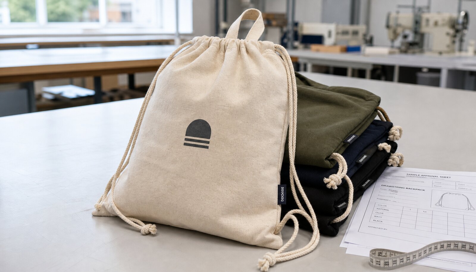 Custom cotton drawstring backpacks with a small CTM/CottonToMaker side label in a factory sample room