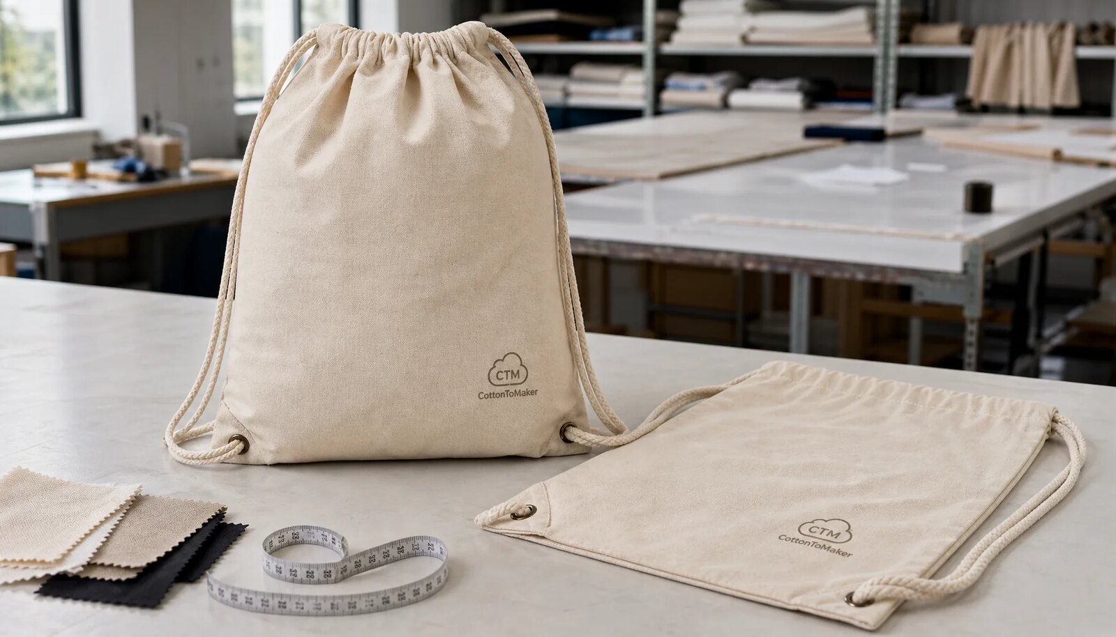 Natural cotton drawstring backpacks with reinforced seams and CTM sample logo in a factory sample room