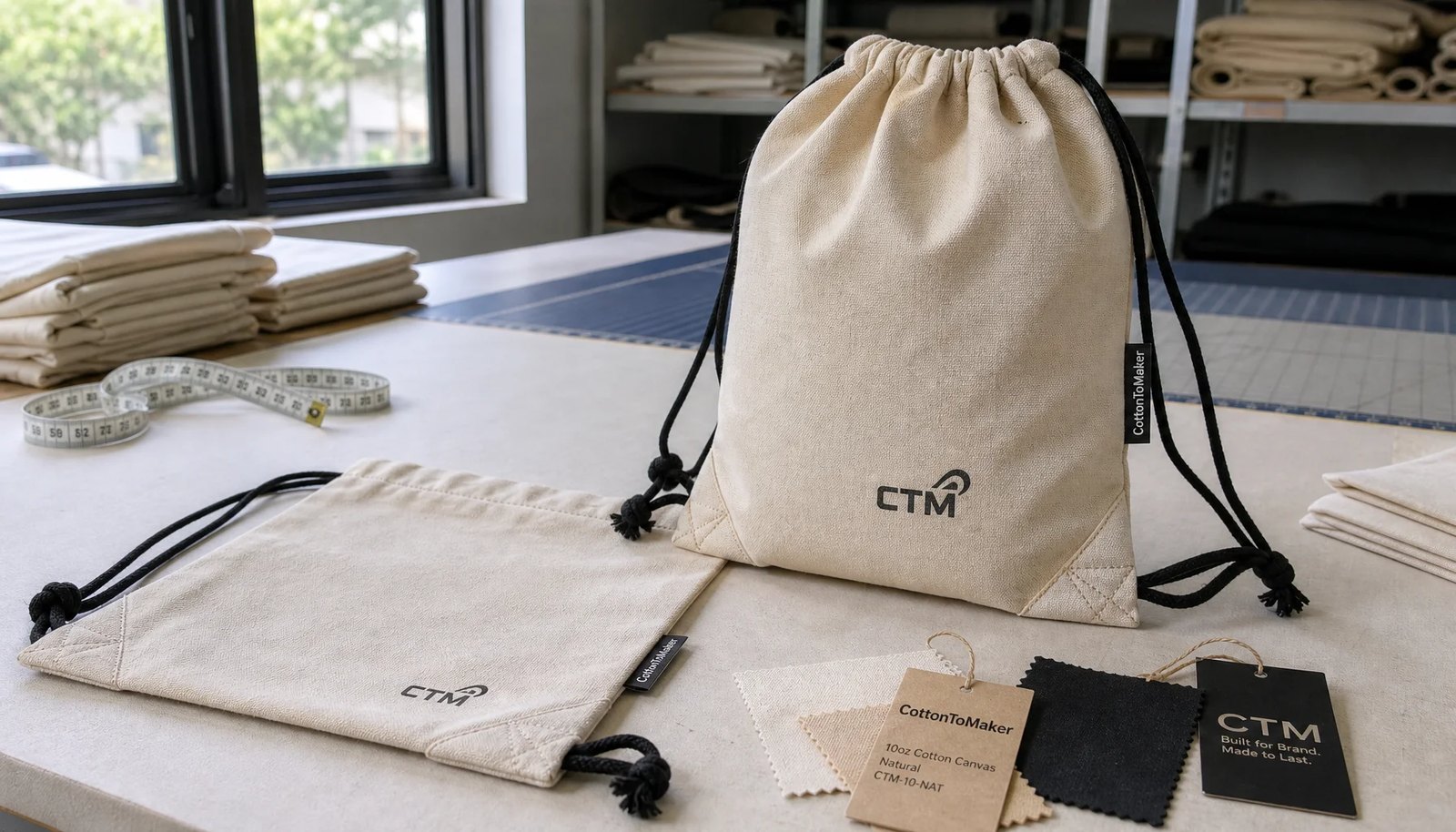 Custom cotton drawstring backpack samples with CTM logo in a factory sample room