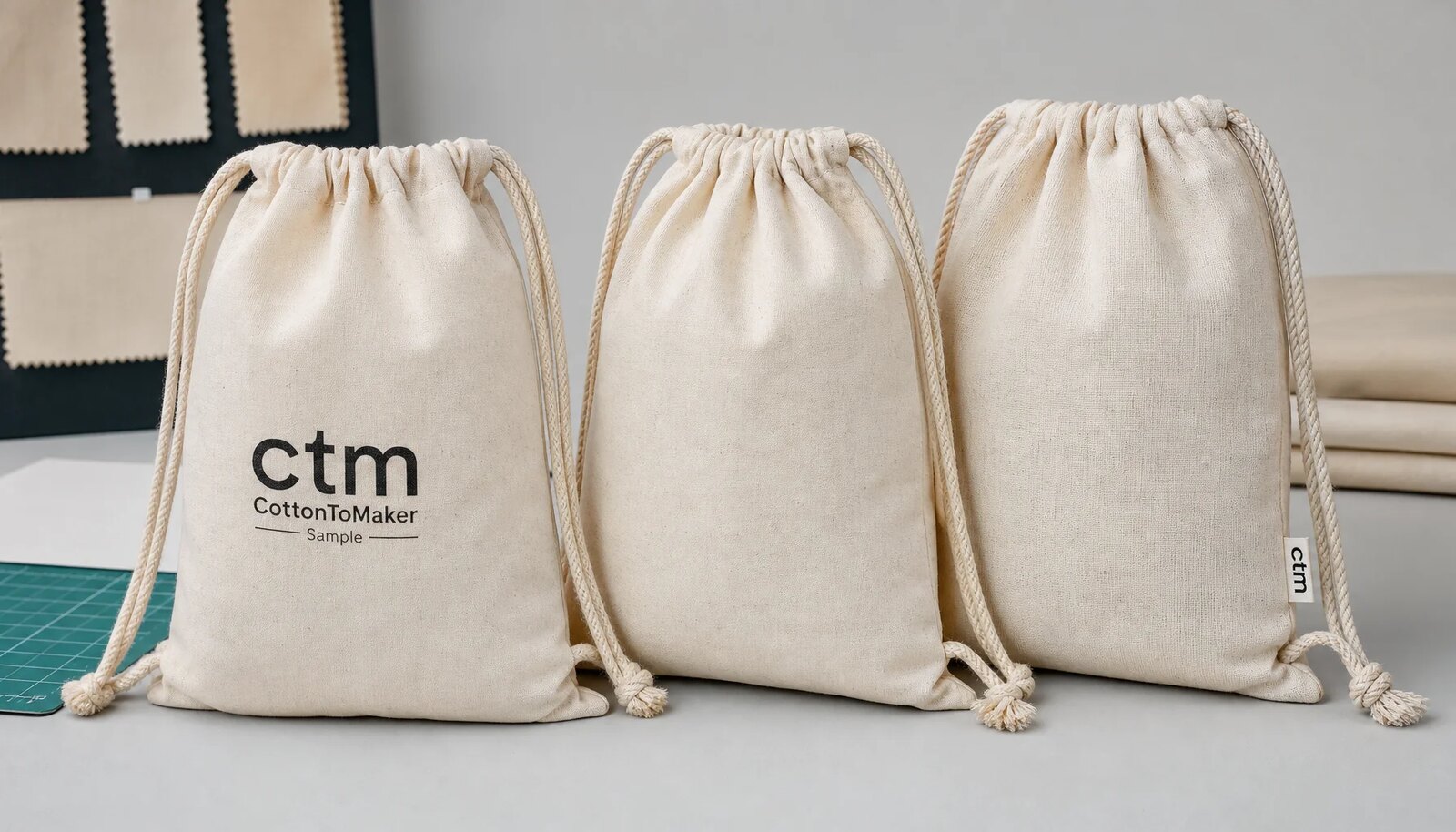 Natural cotton drawstring backpacks with CTM sample logo showing fabric texture and cord construction