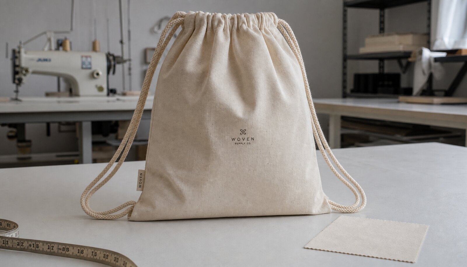 Photorealistic cotton drawstring backpack with a small woven CTM CottonToMaker side label in a clean sample room