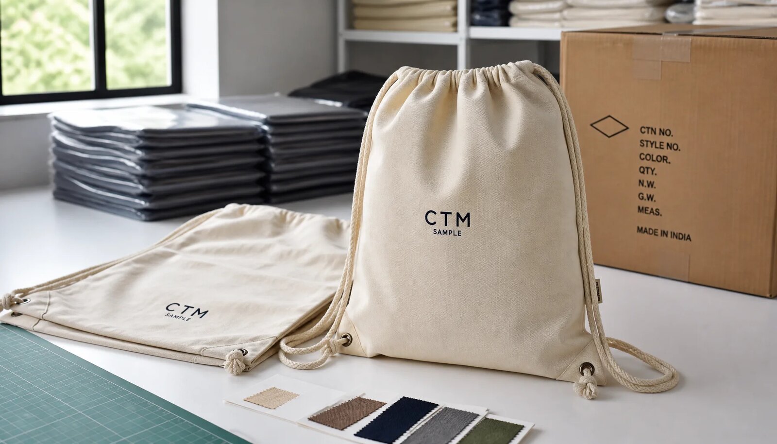 Custom cotton drawstring backpacks with CTM logo and export carton packing sample