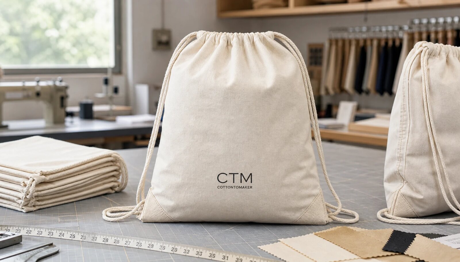 Custom cotton drawstring backpack sample with CTM logo for hotel retail sourcing