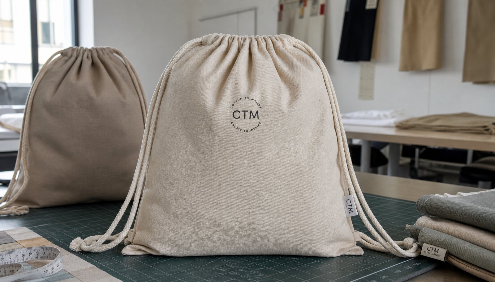 Photorealistic cotton drawstring backpack sample with a stitched CTM side label in a factory sample room