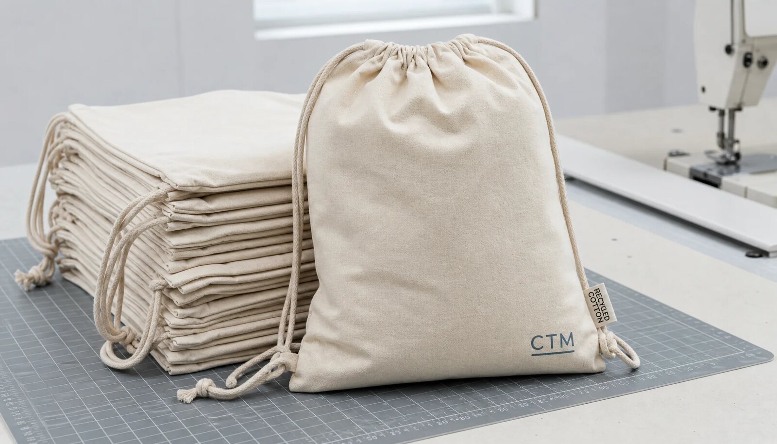 Natural cotton drawstring backpack with a small CTM logo printed on the front in a clean factory sample room