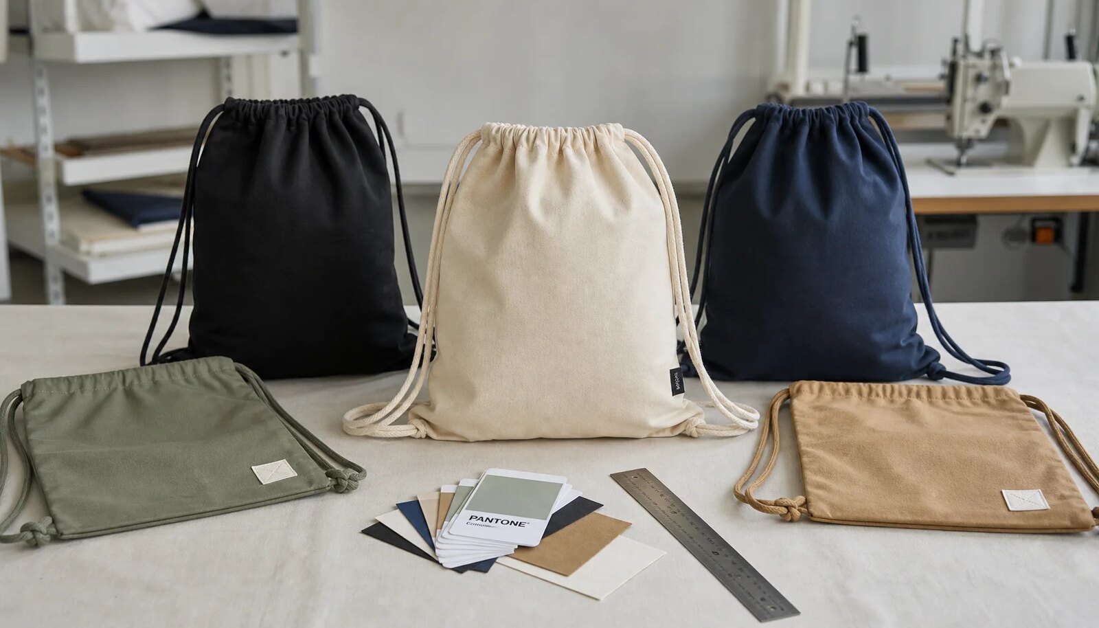 Custom cotton drawstring backpacks with a simple CTM side label in a factory sample room