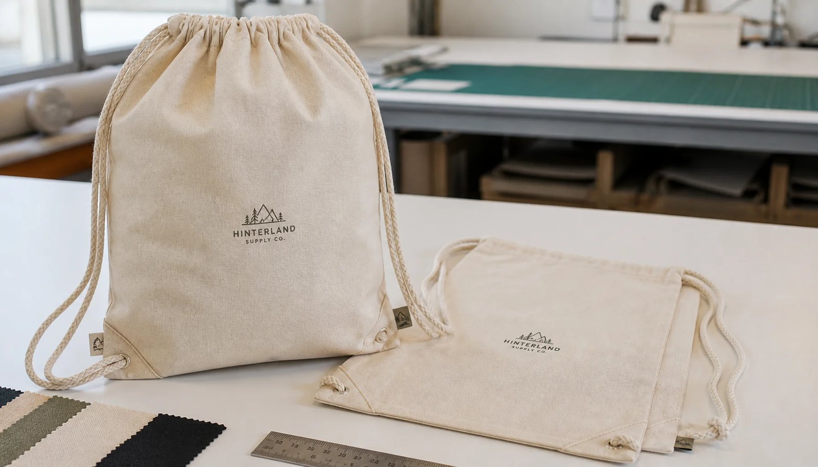 Custom cotton drawstring backpack sample with CTM logo in a factory sample room