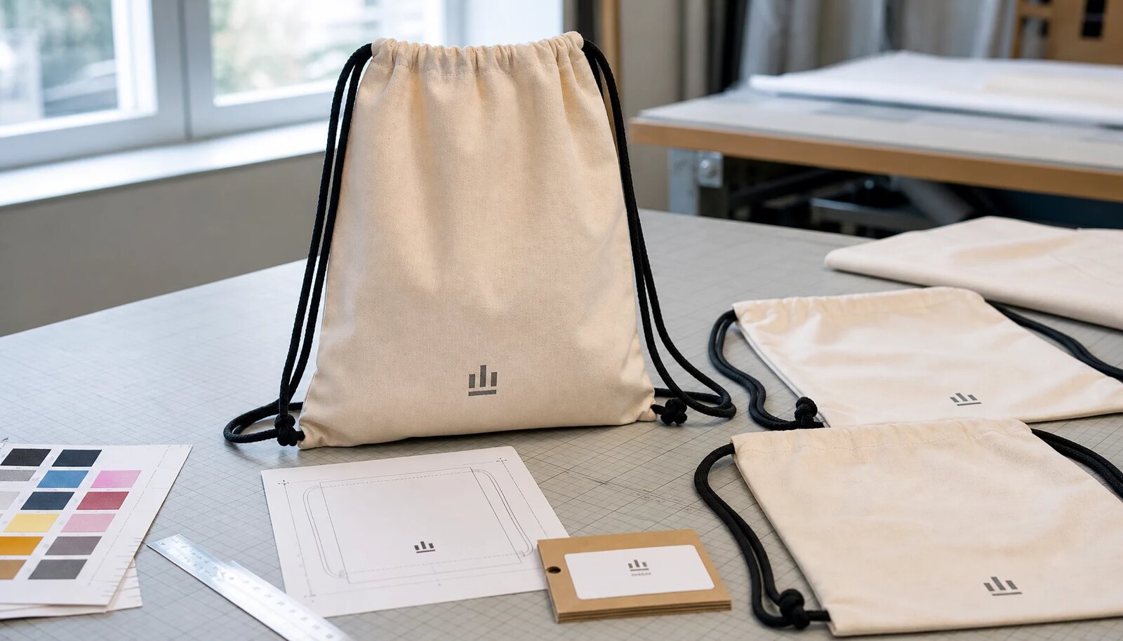Natural cotton drawstring backpack with sample front logo placement in a factory sample room