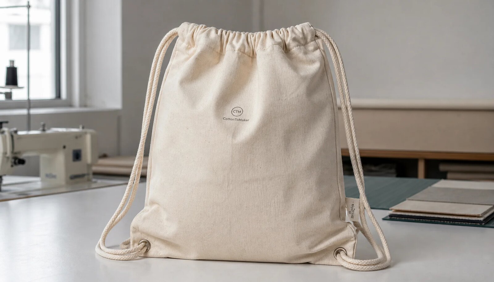 Natural cotton drawstring backpack with a small CTM sample logo printed on the front panel and a woven side label in a clean factory sample room.