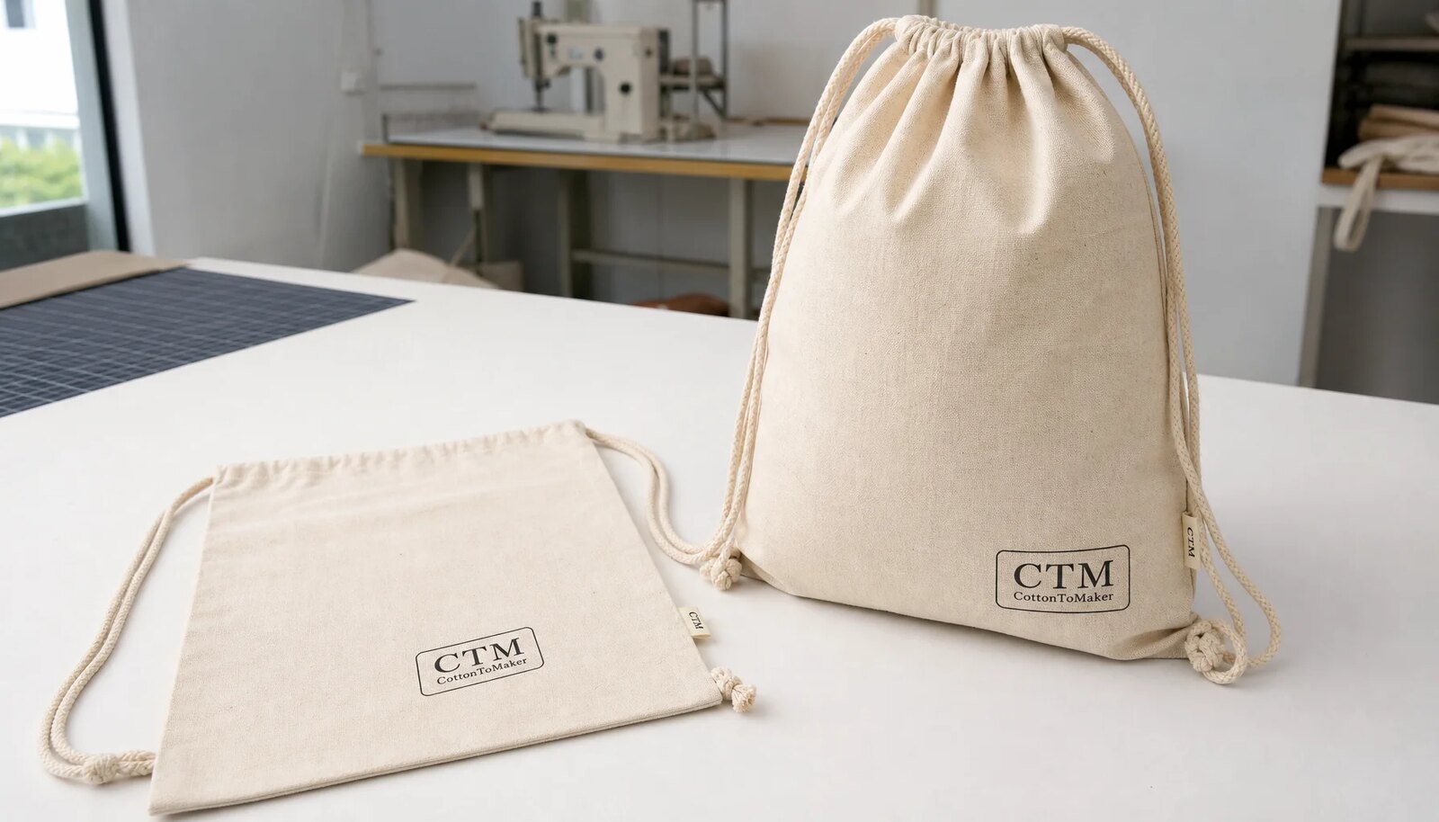 Cotton drawstring backpack with a simple CTM logo printed directly on the front panel in a factory sample room