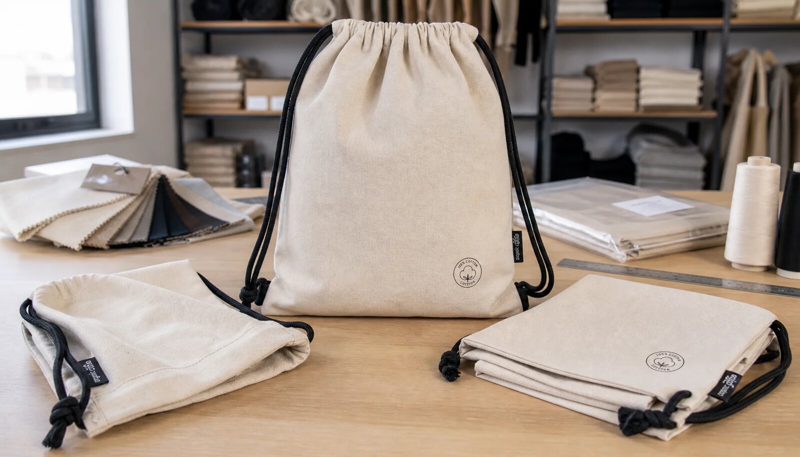 Custom cotton drawstring backpacks with CTM sample logo in a factory sample room