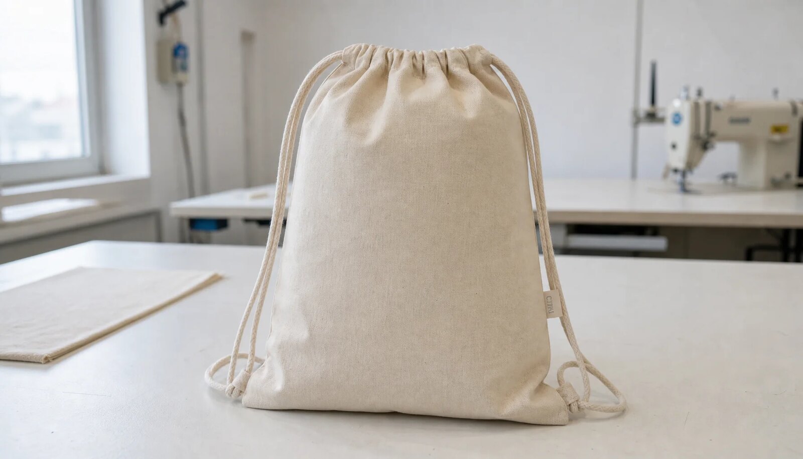 Natural cotton drawstring backpack with a CTM side label in a factory sample room