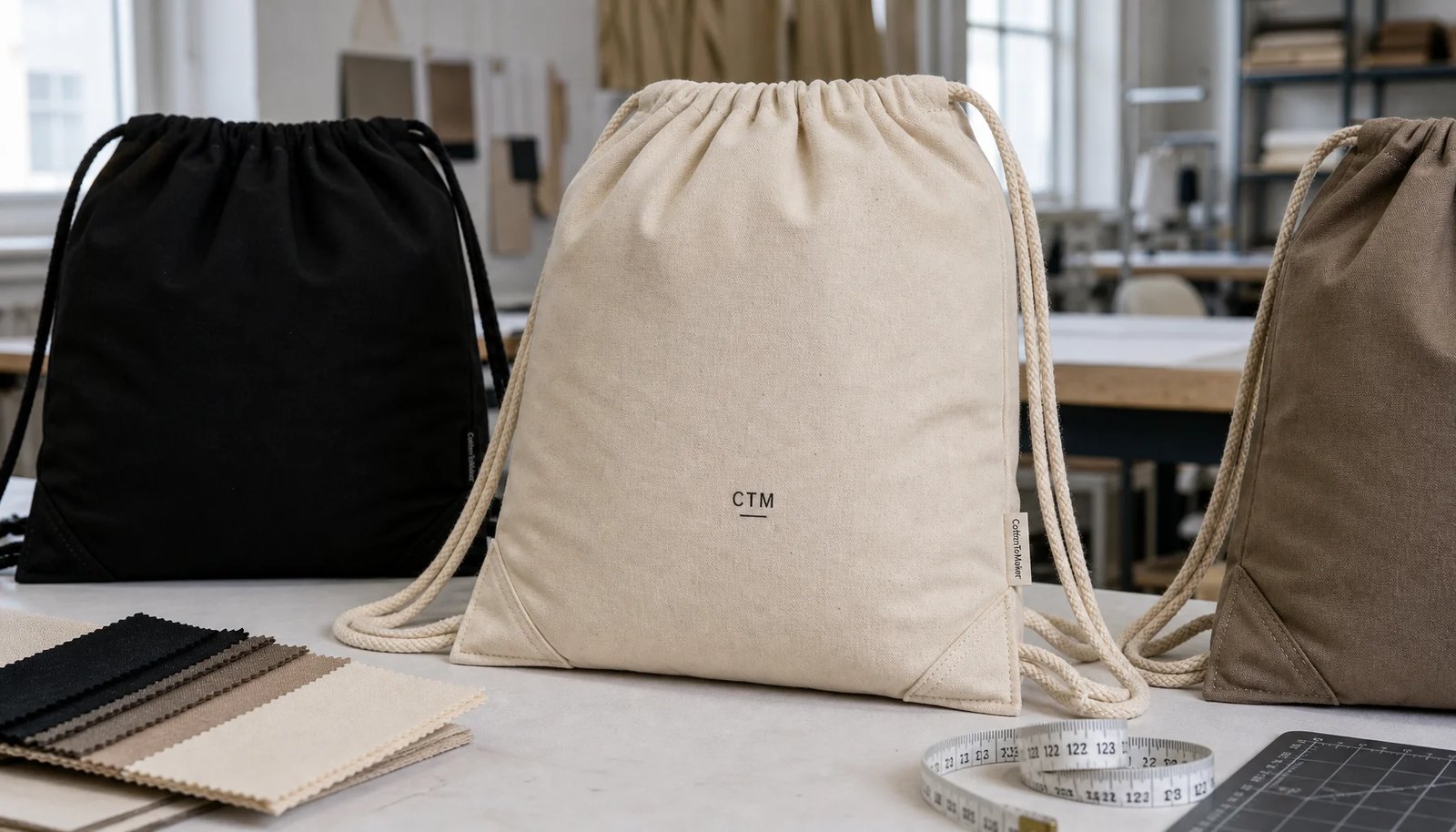 Custom cotton drawstring backpacks with CTM logo, cotton fabric swatches, and sample room tools