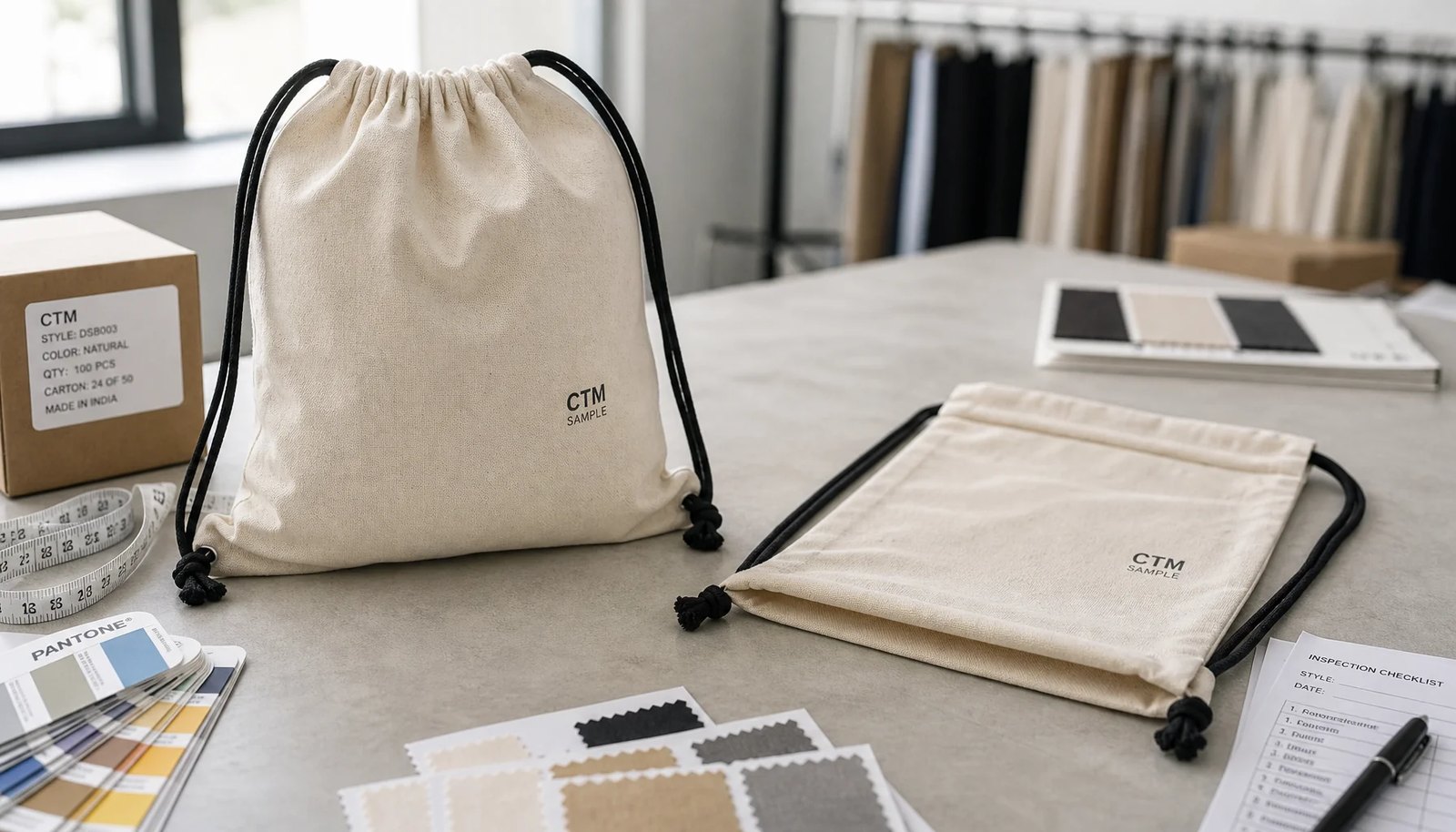 Custom cotton drawstring backpacks with CTM sample logo, fabric swatches, and inspection checklist in a factory sample room
