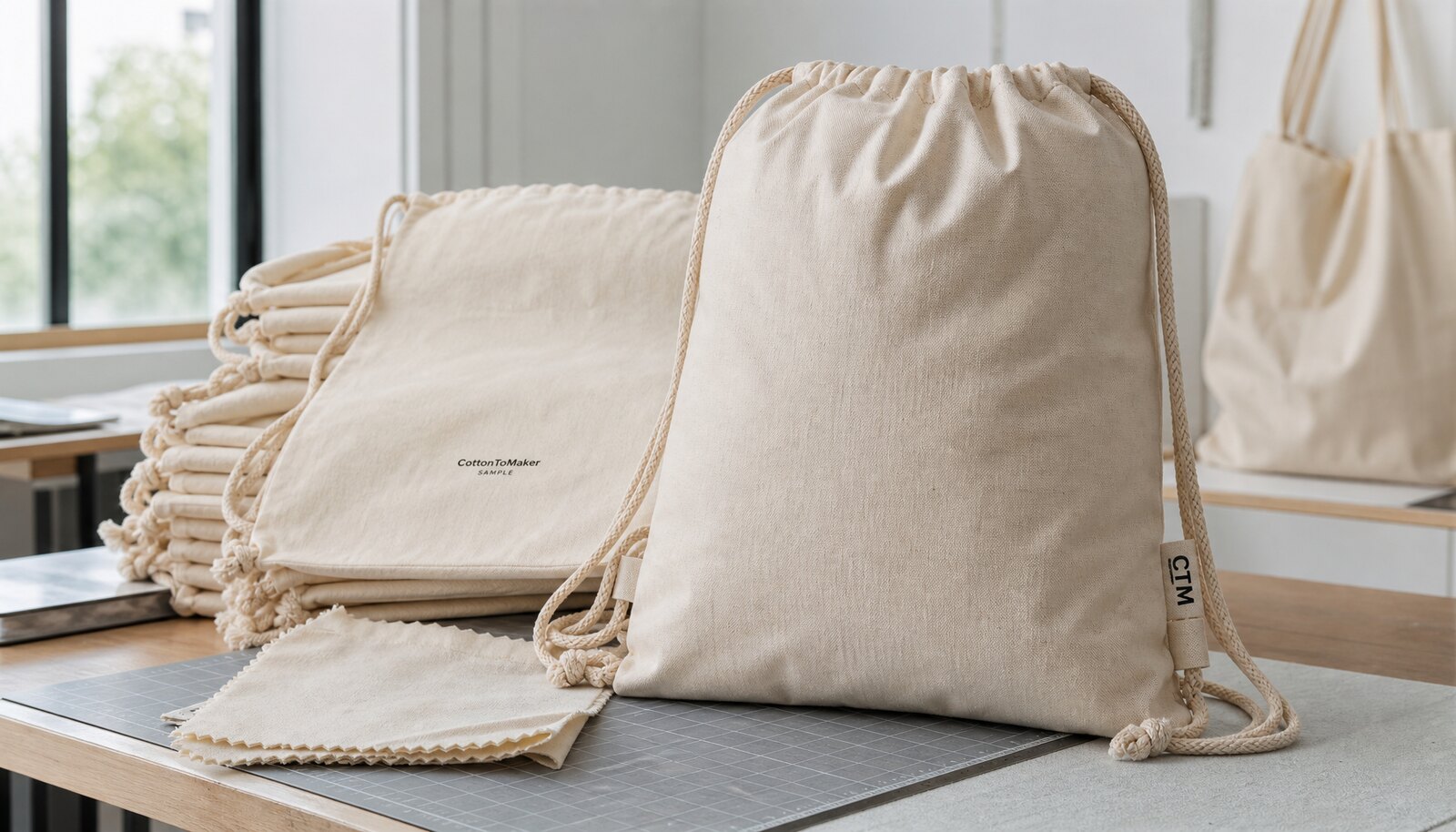 Natural cotton drawstring backpacks with a simple CTM sample logo shown in a factory sample room.